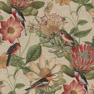 Luxury Botanical Tapestry Fabric – Birds and Flowers Design – Upholstery, Curtains, Cushions – Sold by Meter