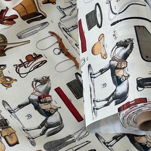 Statement equestrian curtain fabric with detailed horse artwork