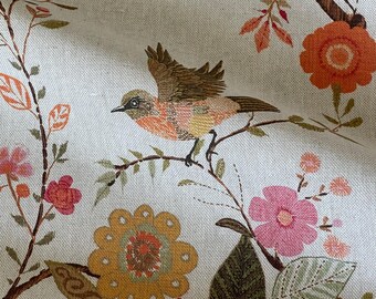 Heritage Songbird Coral Fabric | Linen Look Bird Floral | Curtain & Roman Blind Material
