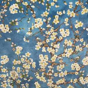 Almond Tree Blossoms Blue Velvet Floral Printed  Fabric Painting Cherry Blooms