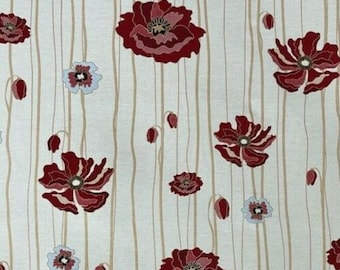 Red Poppy Floral Woven Fabric: Upholstery Tapestry, Striped Pattern