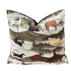 Wild Horses Cushion Cover Velvet Fabric Green Hills Animal Print Equestrian Motif