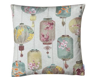 Asian Lantern Cushion Cover, Koi Fish Cherry Blossom Pillow, Soft Pastel Colours