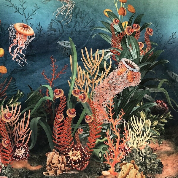 Tropical Fish Cotton printed Fabric Sea World corals jellyfish panel