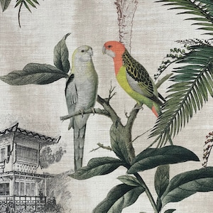 Pagoda Parrots Cotton Fabric Palm Tropical Tree Greenery Botanical Design Vintage Style