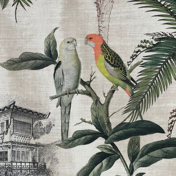 Pagoda Parrots Cotton Fabric by Meter Palm Tropical Tree Greenery Vintage Style