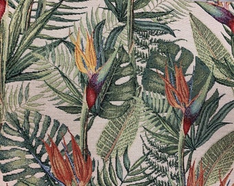 Fern Birds Of Paradise Tapestry Fabric Sold By The Yard Meter Beige Botanical Sewing Material Green Tropical Textile For Upholstery Pillows