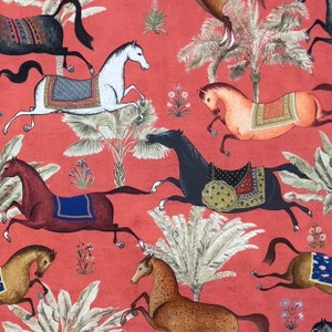 Arabian Horses Printed Cotton Rusty Red Fabric Palm Tree Animal Stallion