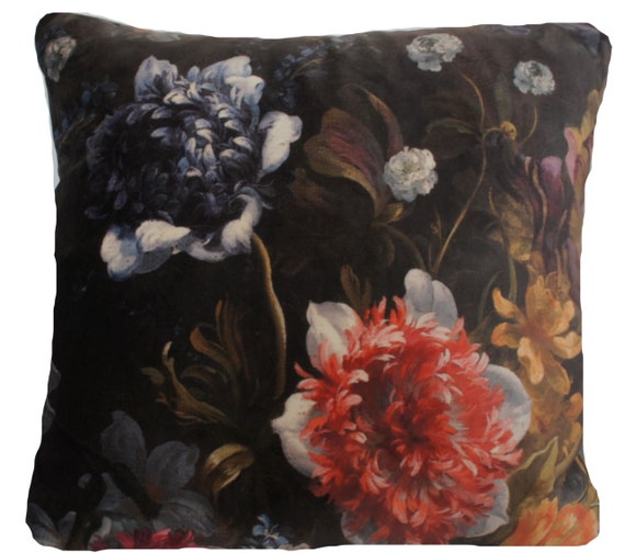 Italian Velvet Cushion Cover Printed Roses Hydrangea Butterfly Peony 18/" 20/" 24/"