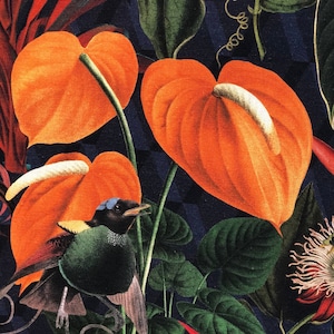 Deep Jungle Cotton printed fabric Orange Anthurium Tailflower Lace leaf Birds Plants Botanical Branch Tropical