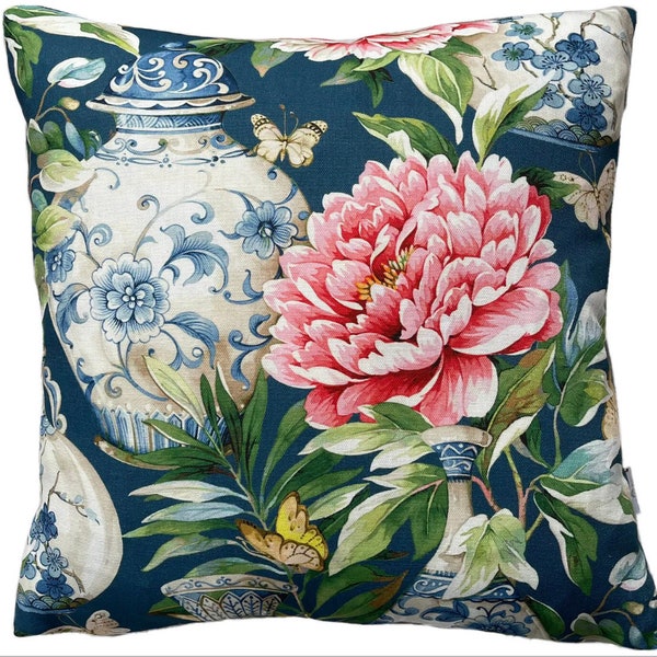 Jardin Blue Cotton Cushion Cover Botanical Floral Asian Vase Teal Pink