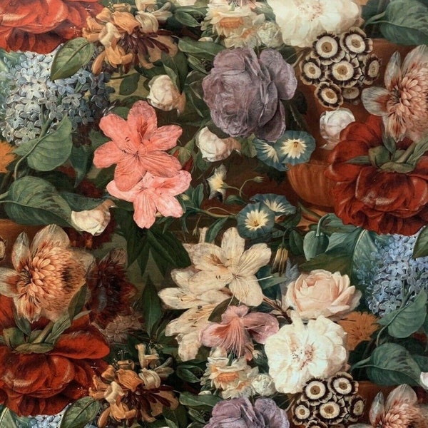 Italiaanse fluwelen stof uit de Gouden Eeuw, groene bloemen, lelies, rozen, bloemen, bedrukt, donkere bekleding, textiel