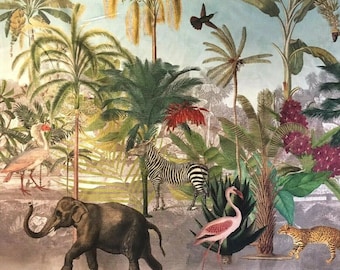 Botanical World Material Tropical Birds Elephant Zebra Print Cotton Fabric Panel of 123cm
