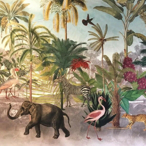 Botanical World Material Tropical Birds Elephant Zebra Print Cotton Fabric Panel of 123cm