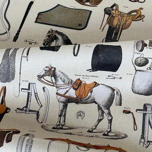 Country horse print furnishing fabric with bridles and tack artwork