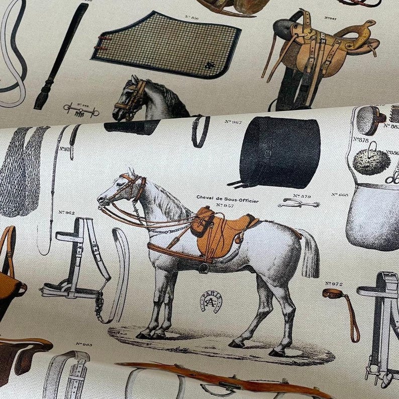 Country horse print furnishing fabric with bridles and tack artwork