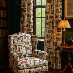 Heritage equestrian textile featuring detailed riding equipment drawings
