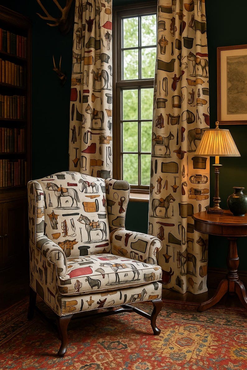Heritage equestrian textile featuring detailed riding equipment drawings