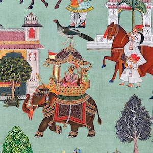 Elefanten & Palmen Muster Jaipur / Green Tea Baumwollstoff für schickes Wohndekor