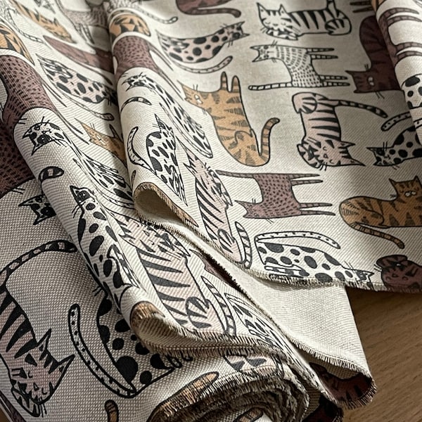 Charming Hand-Drawn Cats: Printed Cotton Fabric for Home Decor