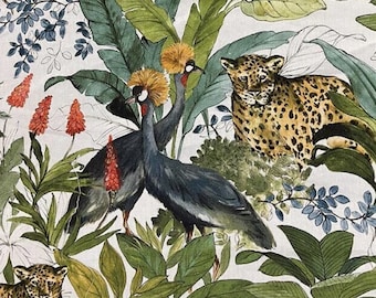 Jungle luipaarden bedrukt katoen Verkocht per meter Orchideeën Kraanvogels Exotisch tropisch materiaal