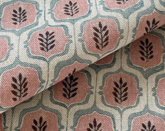 Blush Leaf Trellis Fabric: French Country Cotton Linen Blend for Curtains, Blinds, Upholstery