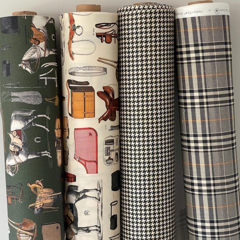 Traditional horse themed curtain fabric in warm earthy tones