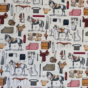 Statement equestrian curtain fabric with detailed horse artwork