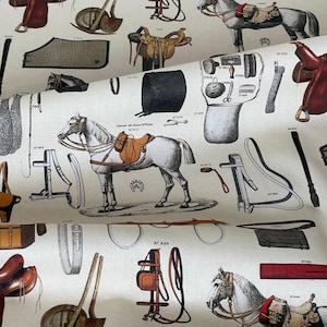Vintage equestrian upholstery fabric with horse and saddle illustrations