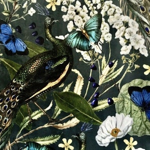 Pfau Schmetterling Blumen Botanischer Grün Luxus Italienischer Samt Bedruckter Stoff