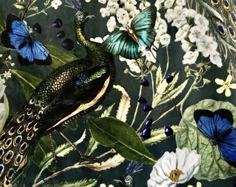 Pauwvlinder bloemen botanisch groen luxe Italiaanse fluwelen bedrukte stof
