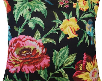 May include: Black pillow cover with a floral pattern featuring pink, red, yellow, and green flowers and blue birds.