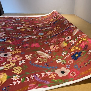 Pink Red Yellow Cotton Scandi Printed Fabric Garden birds Caterpillars Flowers Field Sparrows