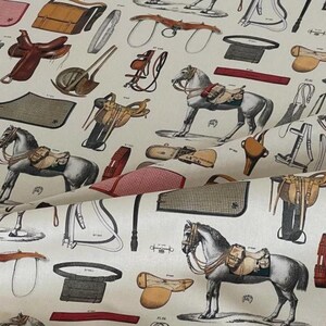 Horse lover home décor fabric with vintage riding illustrations