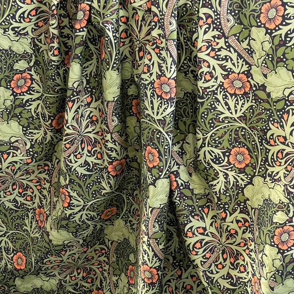 William Morris Seaweed Pattern Printed Cotton in Green and Orange -  Sold by the Meter