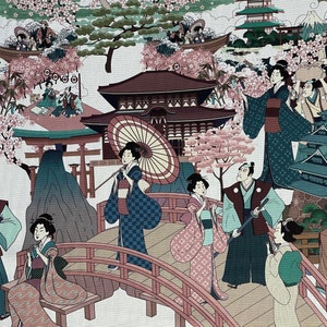 May include: A colorful illustration of a Japanese scene with people in traditional clothing. The scene includes a temple, a bridge, cherry blossoms, and a pagoda. The illustration is done in a whimsical style with bright colors and bold lines.