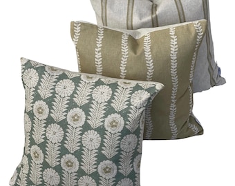 Farmhouse Floral Stripe Linen Look Cushion Cover – Handmade Cottage Pillow Case