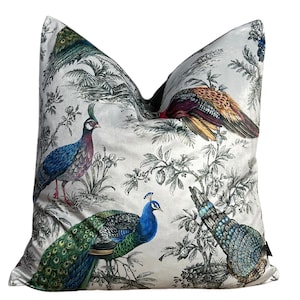 Palawan Peacock Cushion Cover Pheasant Birds Floral Botanical White Velvet Decorative Throw Pillow