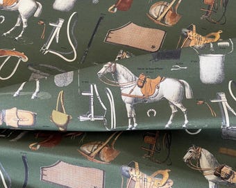Equestrian Fabric: Olive Green Vintage Horse Print Upholstery Textile