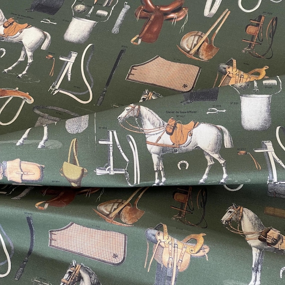 Equestrian Fabric: Olive Green Vintage Horse Print Upholstery Textile
