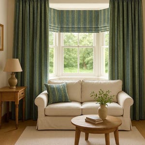 Farmhouse-style custom curtains and Roman blind in sage green tribal stripe fabric – handmade window treatments with a rustic country charm, perfect for cozy living rooms