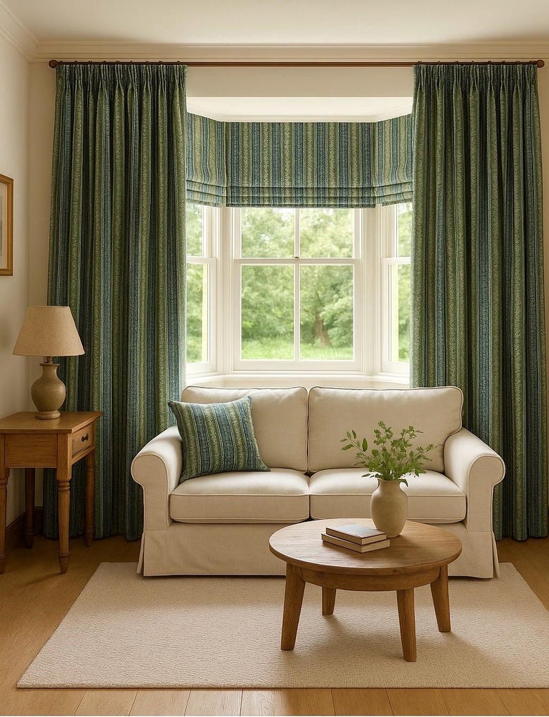 Farmhouse-style custom curtains and Roman blind in sage green tribal stripe fabric – handmade window treatments with a rustic country charm, perfect for cozy living rooms