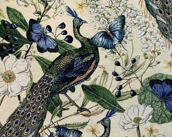 Peacock Butterfly Flowers Botanical Green Luxury Woven Fabric Sold by Metre Beige Blue Green