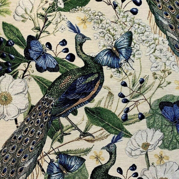 Peacock Butterfly Flowers Botanical Green Luxury Woven Fabric Sold by Metre Beige Blue Green