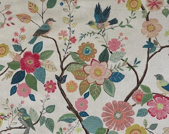 Heritage Songbird Turquoise Fabric | Bird & Floral Linen Look