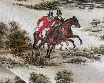 English Fox Hunting Scene Fabric | Horses, Hounds, Riders | Cotton Mix (By Meter)