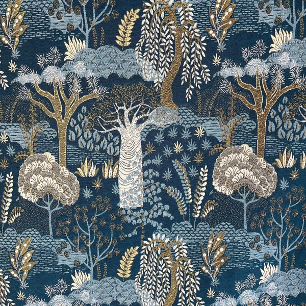 Tree of Life Luxury Woven Fabric Sold by Metre Baobab  Adansonia Off White Blue Gold Threat
