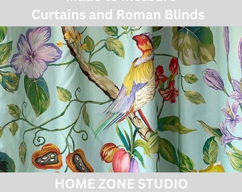 Light Blue Birds and Plants / Botanical Pair of Curtains /  Pencil Pleat / Custom - Made to Measure / Bespoke Home Decor