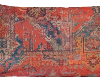 Ethnic Rug Red Cushion Cover Rectangle Kilim Moroccan Oriental Style Cotton Fabric Rusty Orange Home Decor