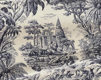Toile Cotton Linen Fabric: Dark Blue Beige Tropical Print